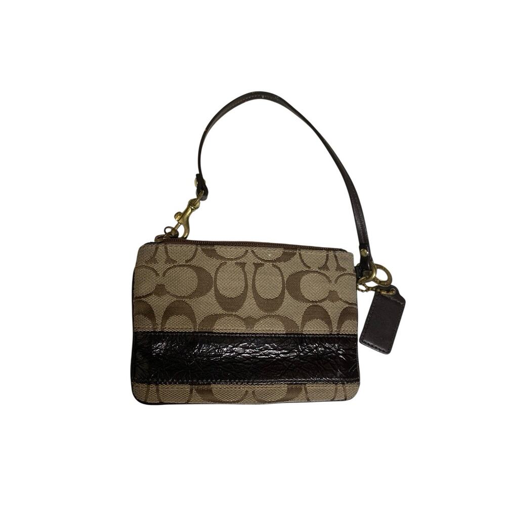 Coach Signature Canvas Wristlet Brown Leather Gold Hardware Zip‎ 41637